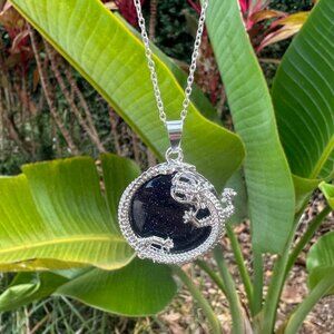 NEW Blue Goldstone Dragon Flat Pendant Blue Goldstone Necklace
